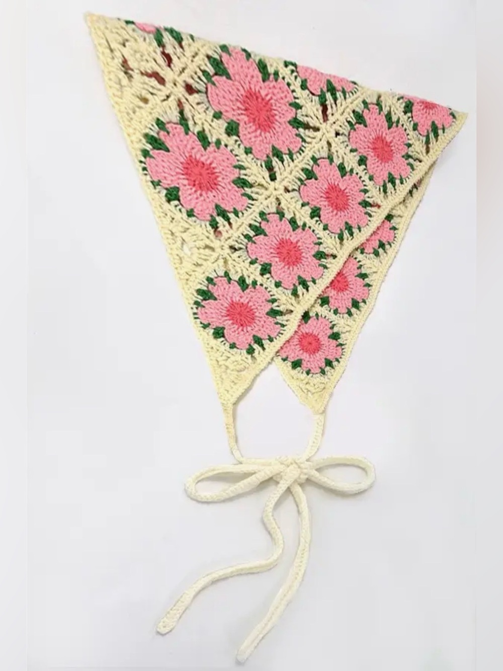 Boho Hand Crocheted Head Scarf with Pink Floral Motif